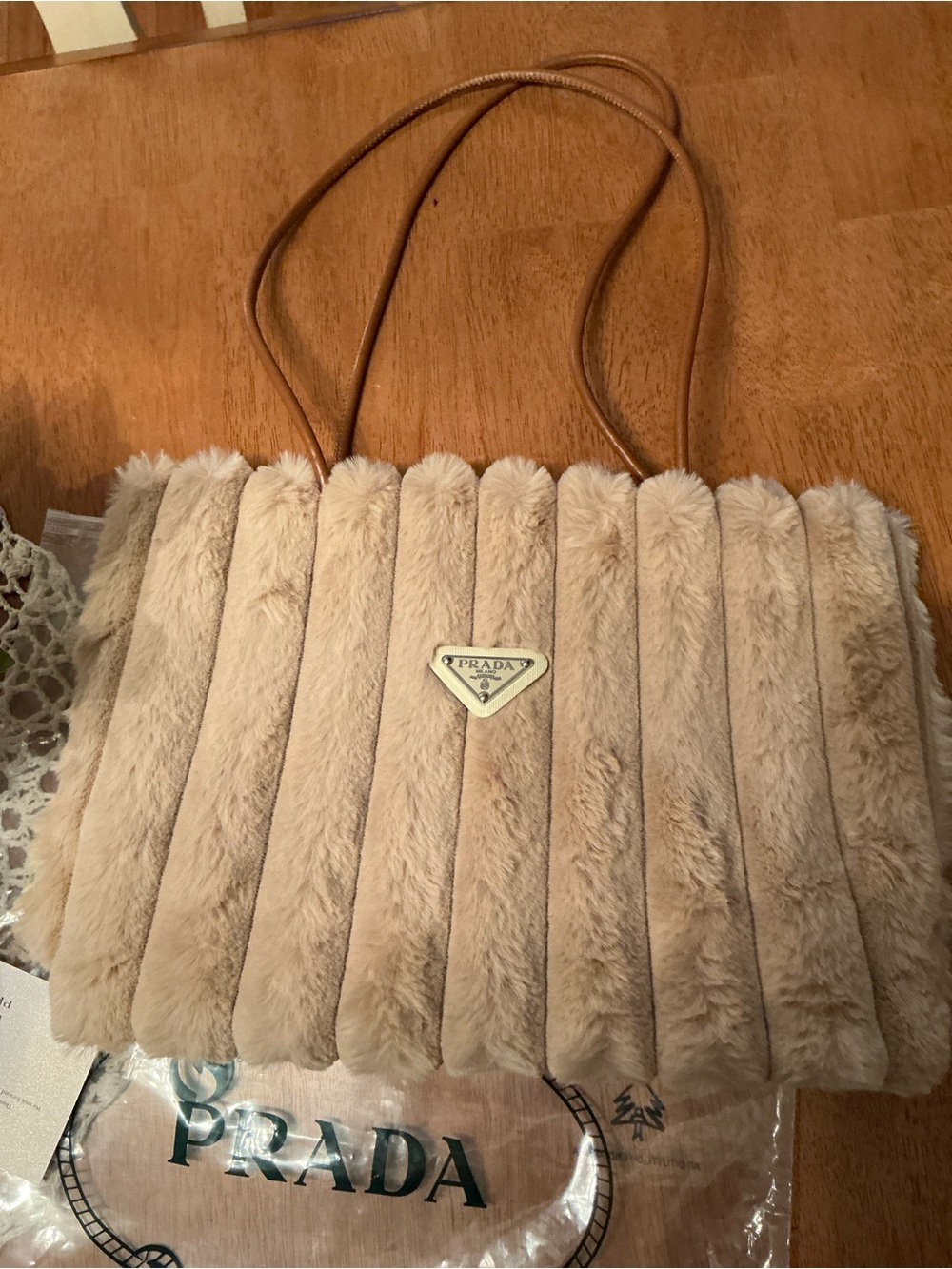 PRADA Beige Faux-Fur  Tote - Picture 3 of 8
